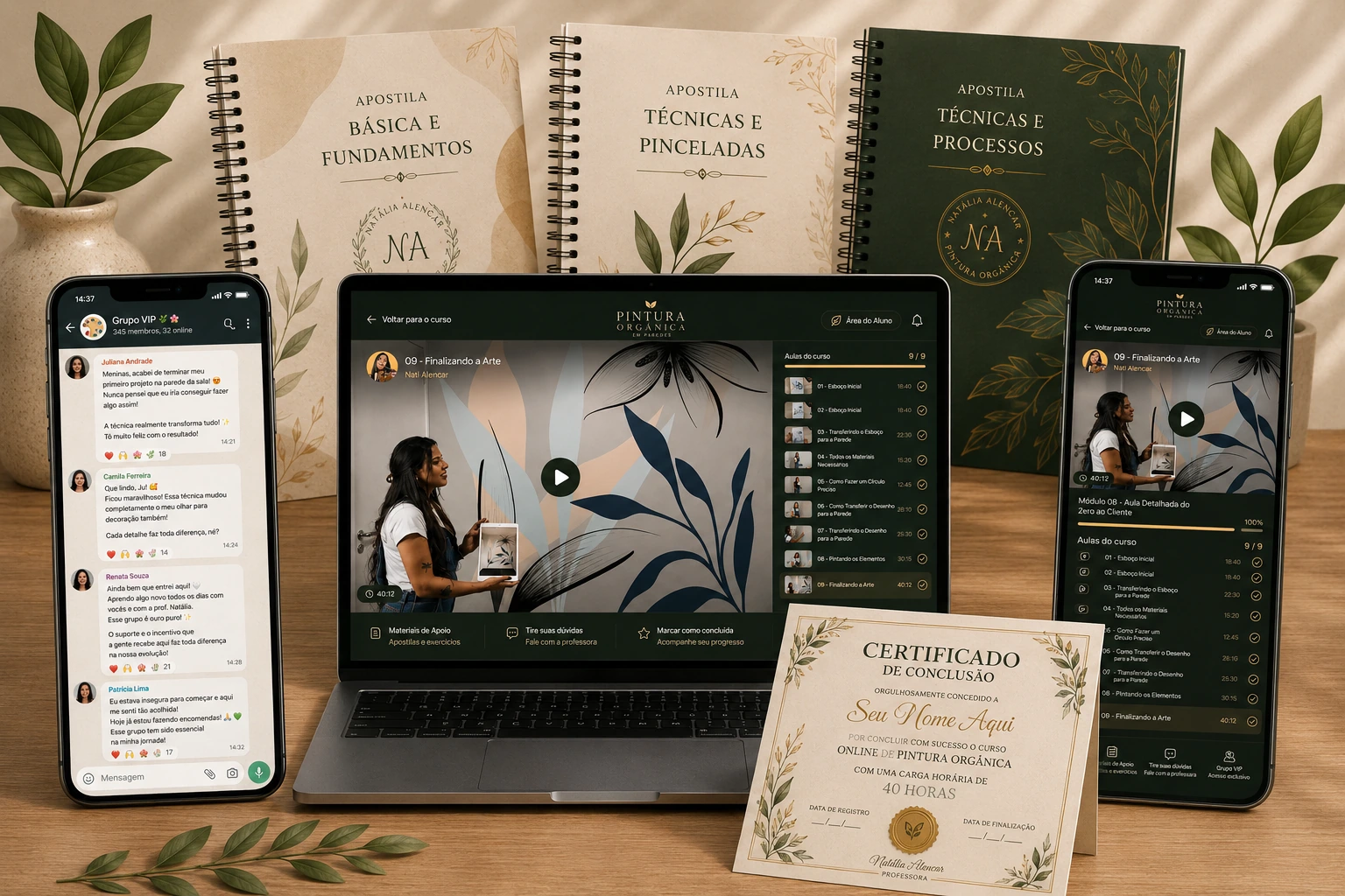 Mockup com apostilas, aulas, grupo VIP e certificado do Plano Premium