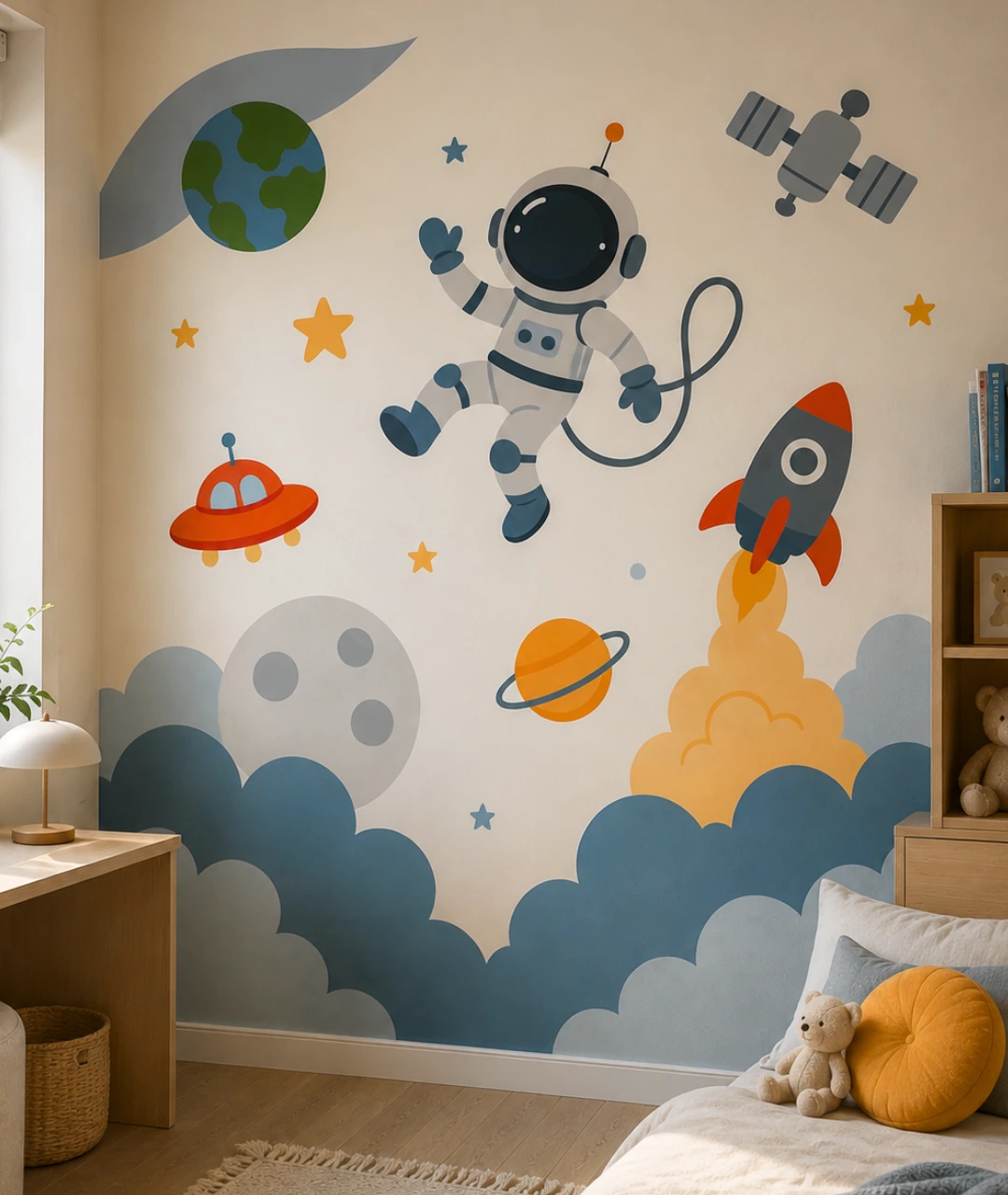 Mural espacial no quarto de crianca