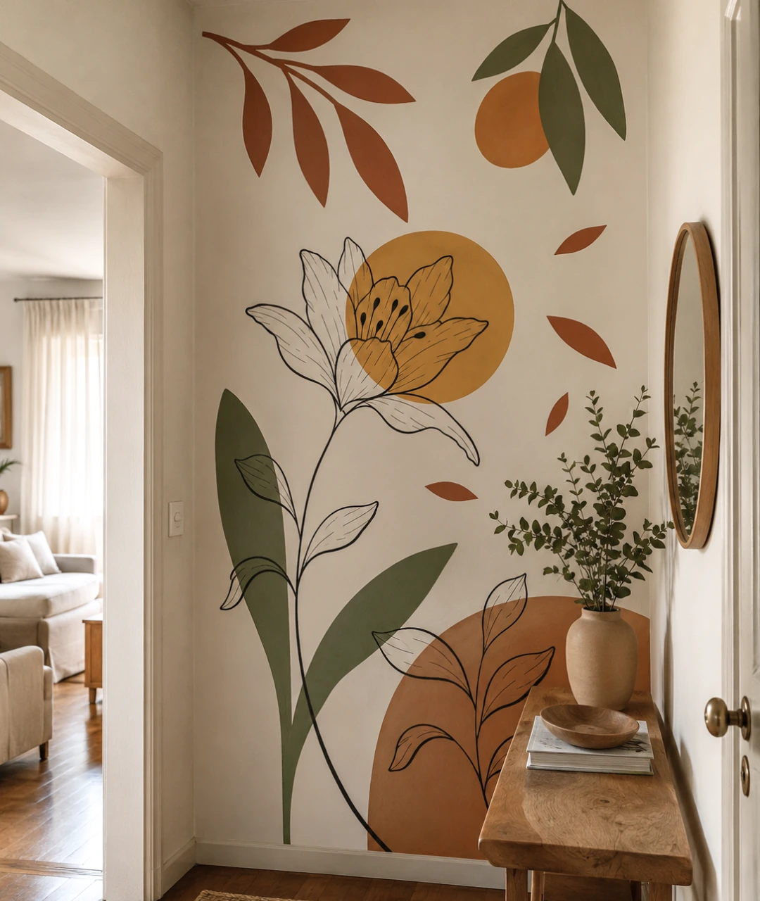 Mural organico floral no corredor